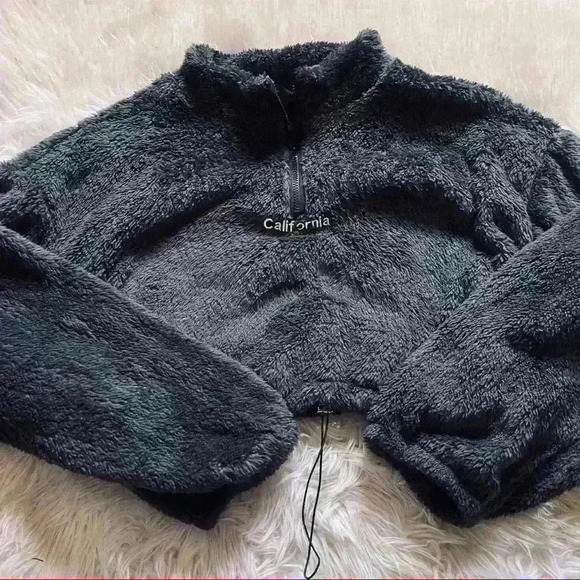 SHEIN Curve Letter Embroidery Drawstring Hem Drop Shoulder Crop Teddy Pullover - Picture 1 of 7